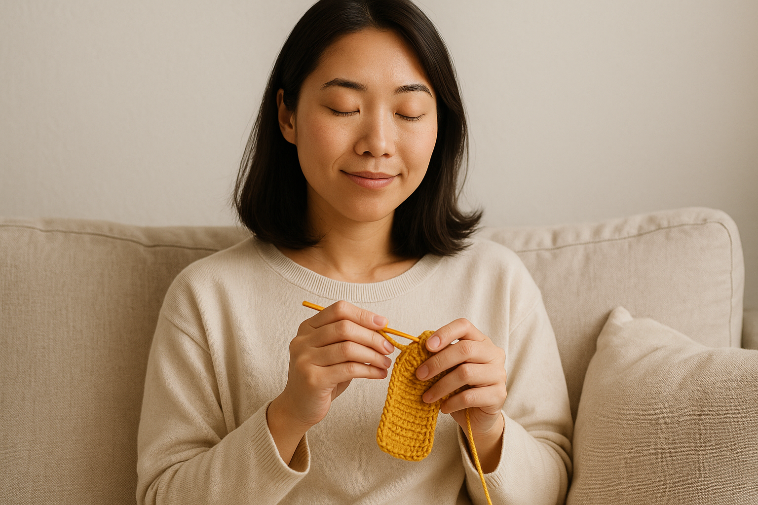 Person peacefully crocheting while relaxed