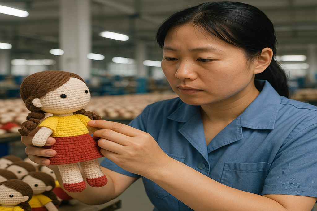 A factory worker carefully inspecting a handmade crochet doll