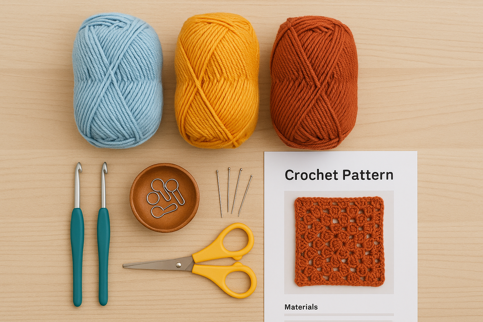 Essential crochet tools and materials displayed neatly