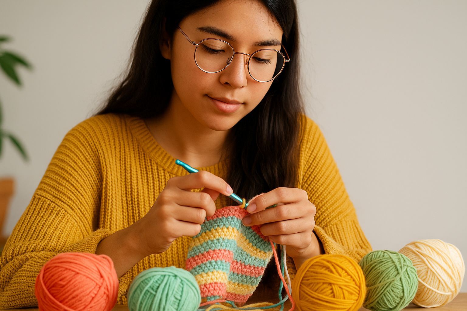 Young person crocheting with colorful sustainable yarns