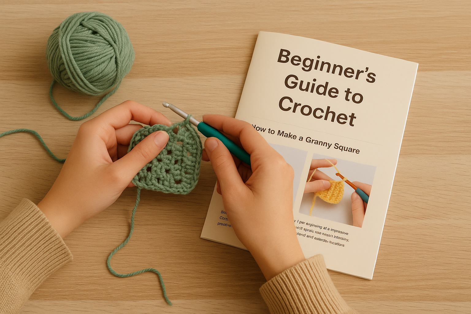 Beginner working on a crochet project with instruction booklet