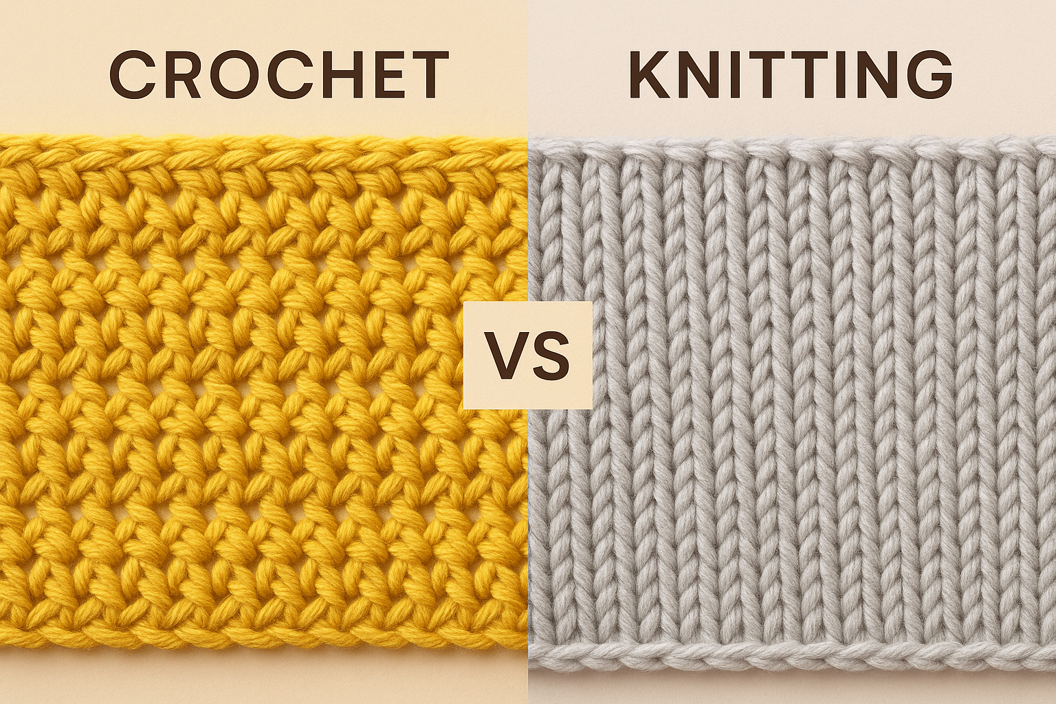 Side by side comparison of knitting and crochet projects showing their different textures and aesthetics