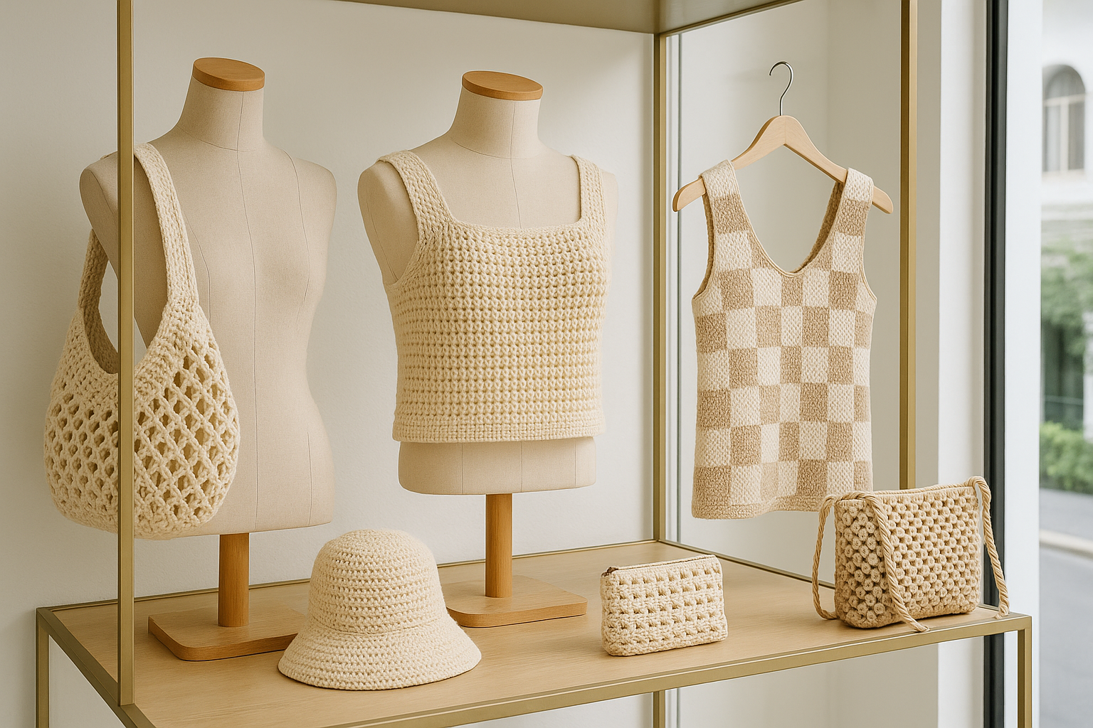 Modern crochet fashion items displayed in a retail setting