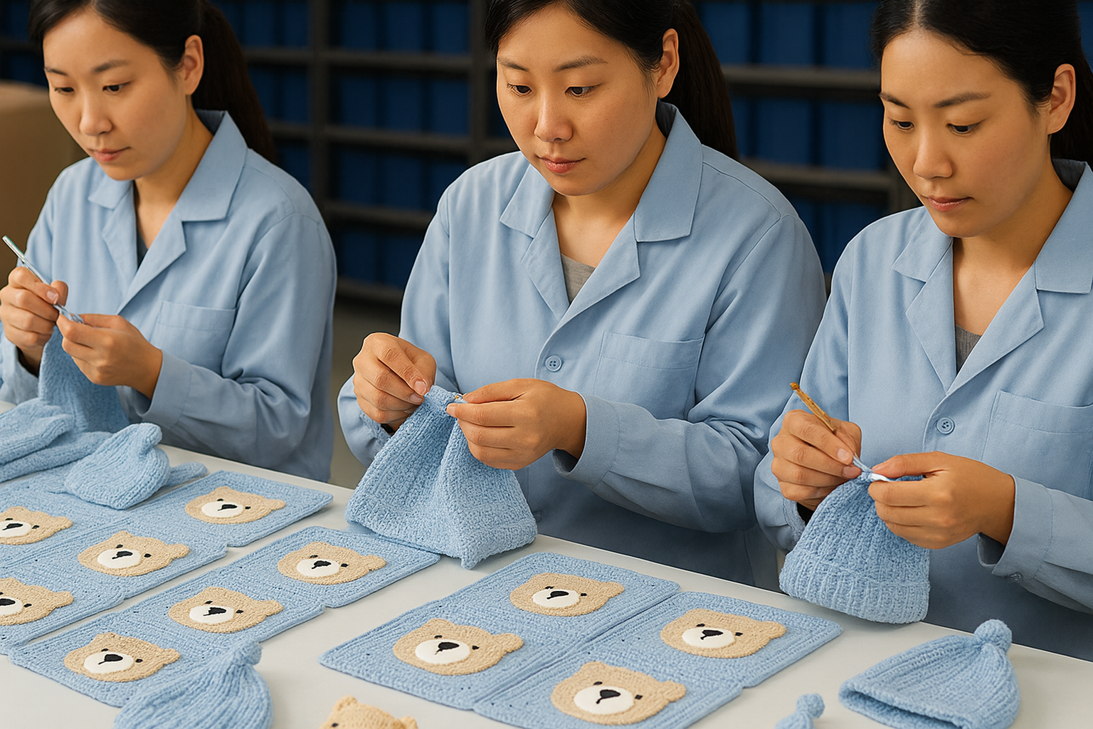 UMY factory workers producing crochet baby items with quality materials