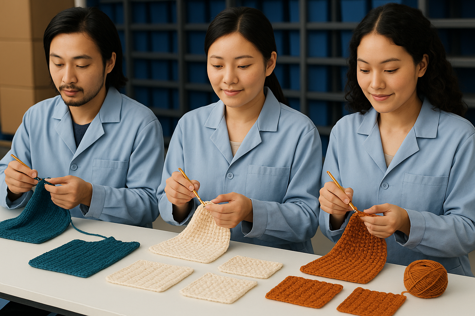 Craftspeople working on both knitting and crochet projects in a professional production setting