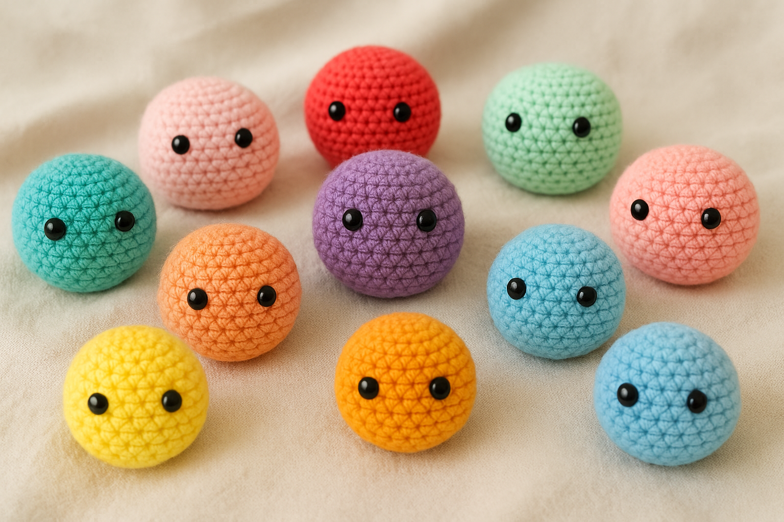 Collection of colorful crochet meeps displayed on a soft fabric background
