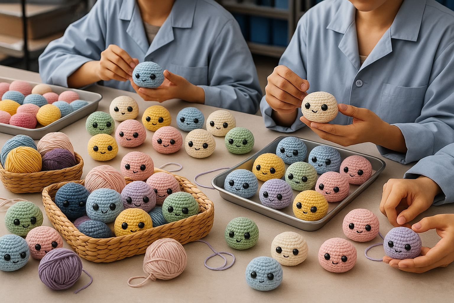 UMY factory artisans handcrafting crochet meeps with attention to detail