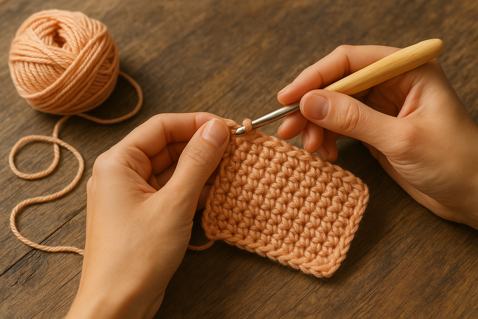 Person's hands crocheting with yarn and hook on wooden table