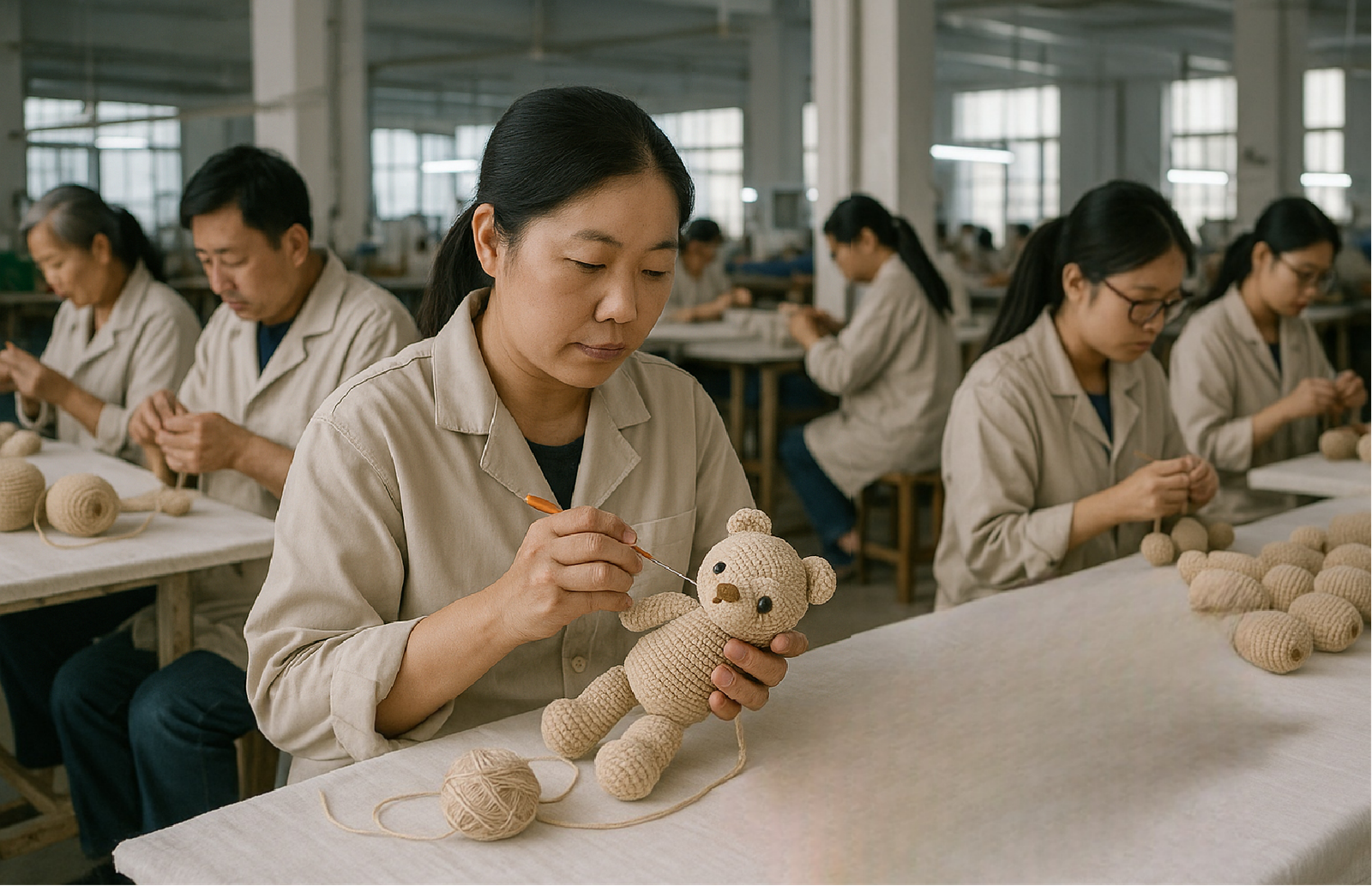 Skilled artisans handcrafting crochet items in a factory setting