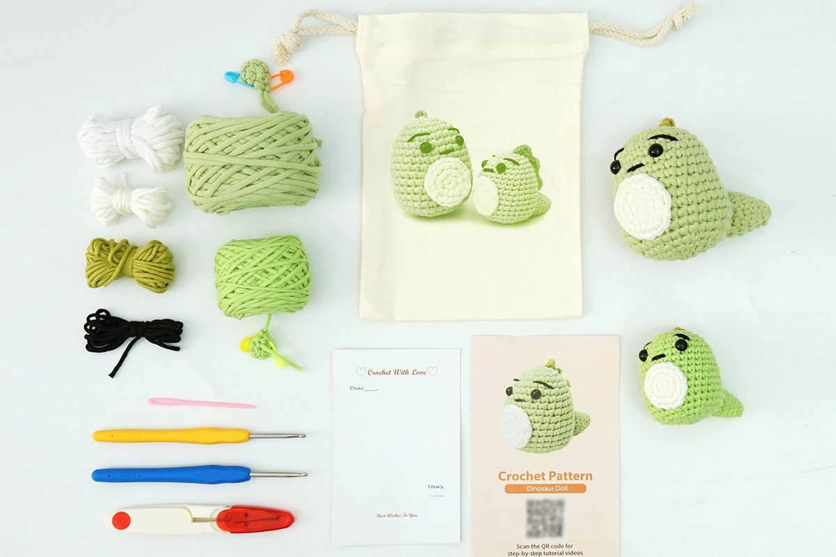 Close-up of a beginner's crochet kit with materials and pattern instructions