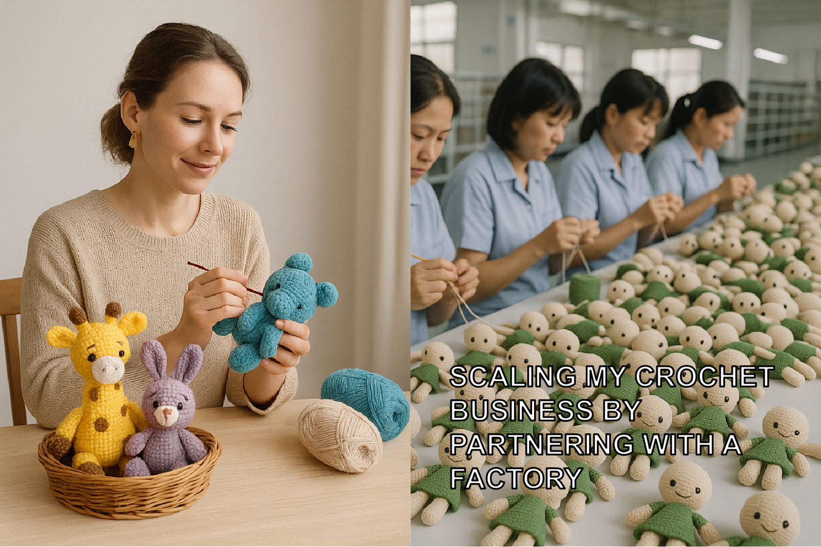 Colorful crochet toys and products arranged neatly