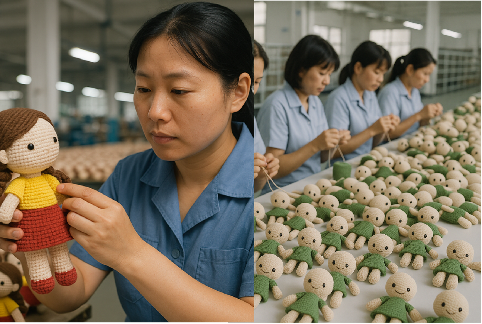 Close-up of hands crocheting with precision in a manufacturing environment