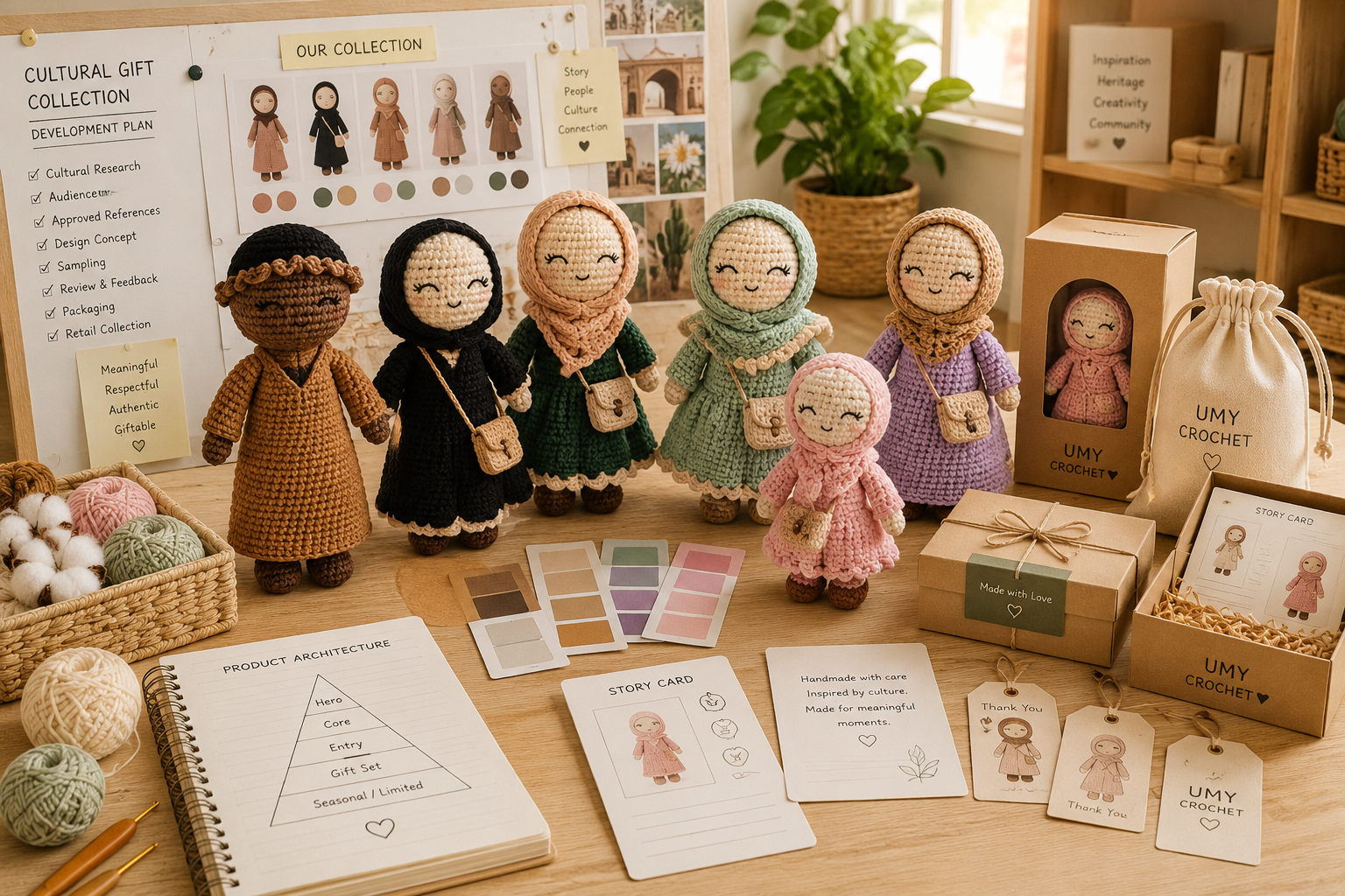 culturally relevant crochet gift collection development with approved references product samples story cards and retail packaging