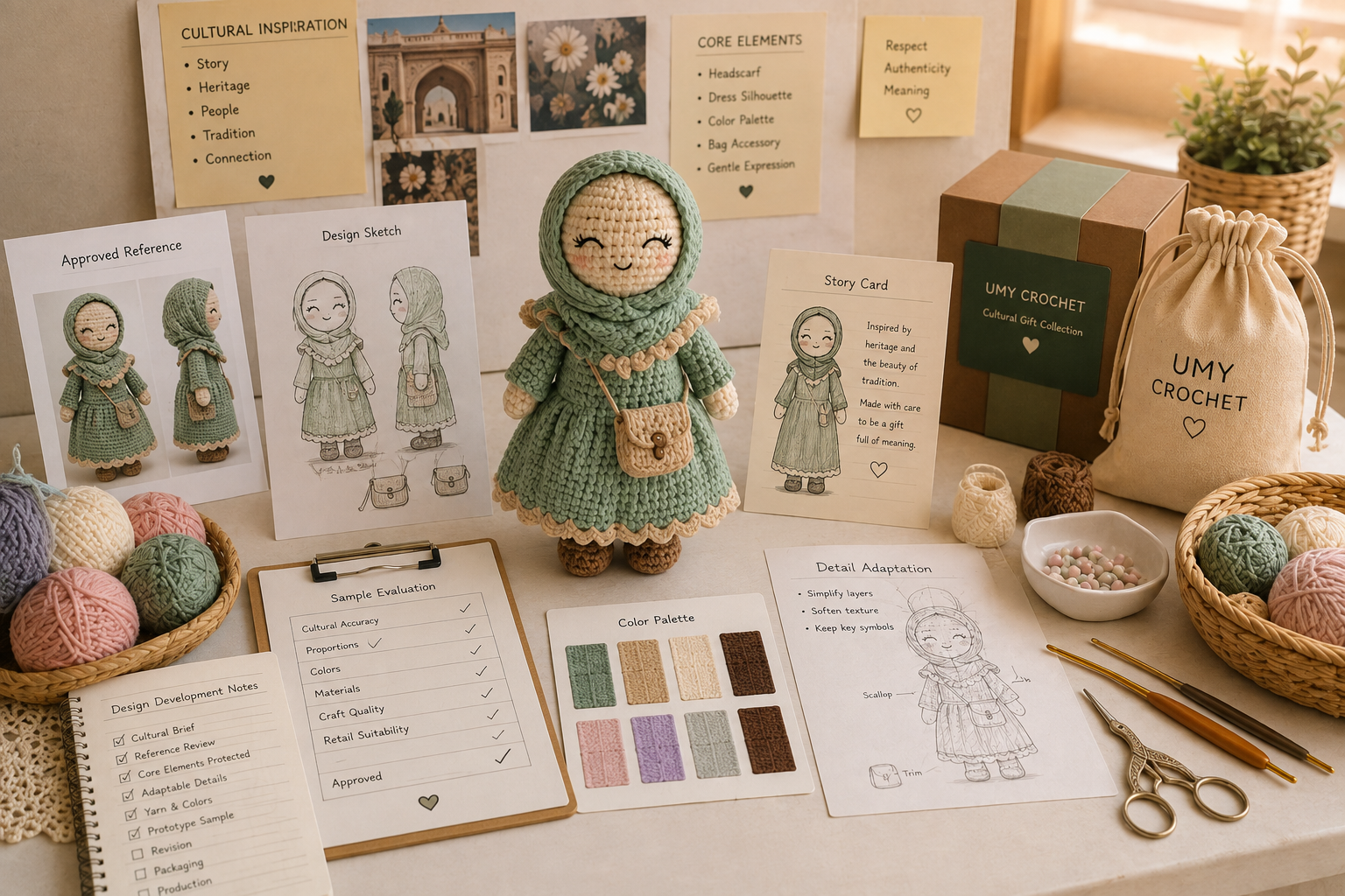 cultural crochet product adaptation from approved reference artwork to yarn selection and physical sample