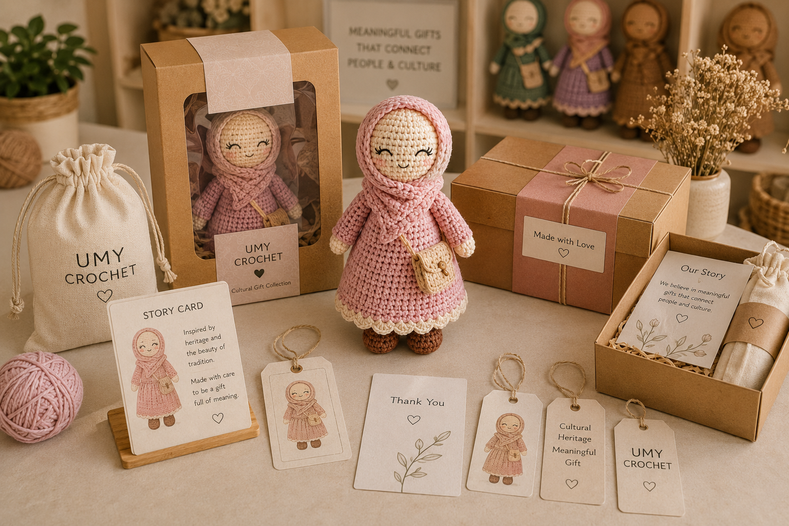 cultural crochet gift packaging with story card hangtag gift box and coordinated retail presentation