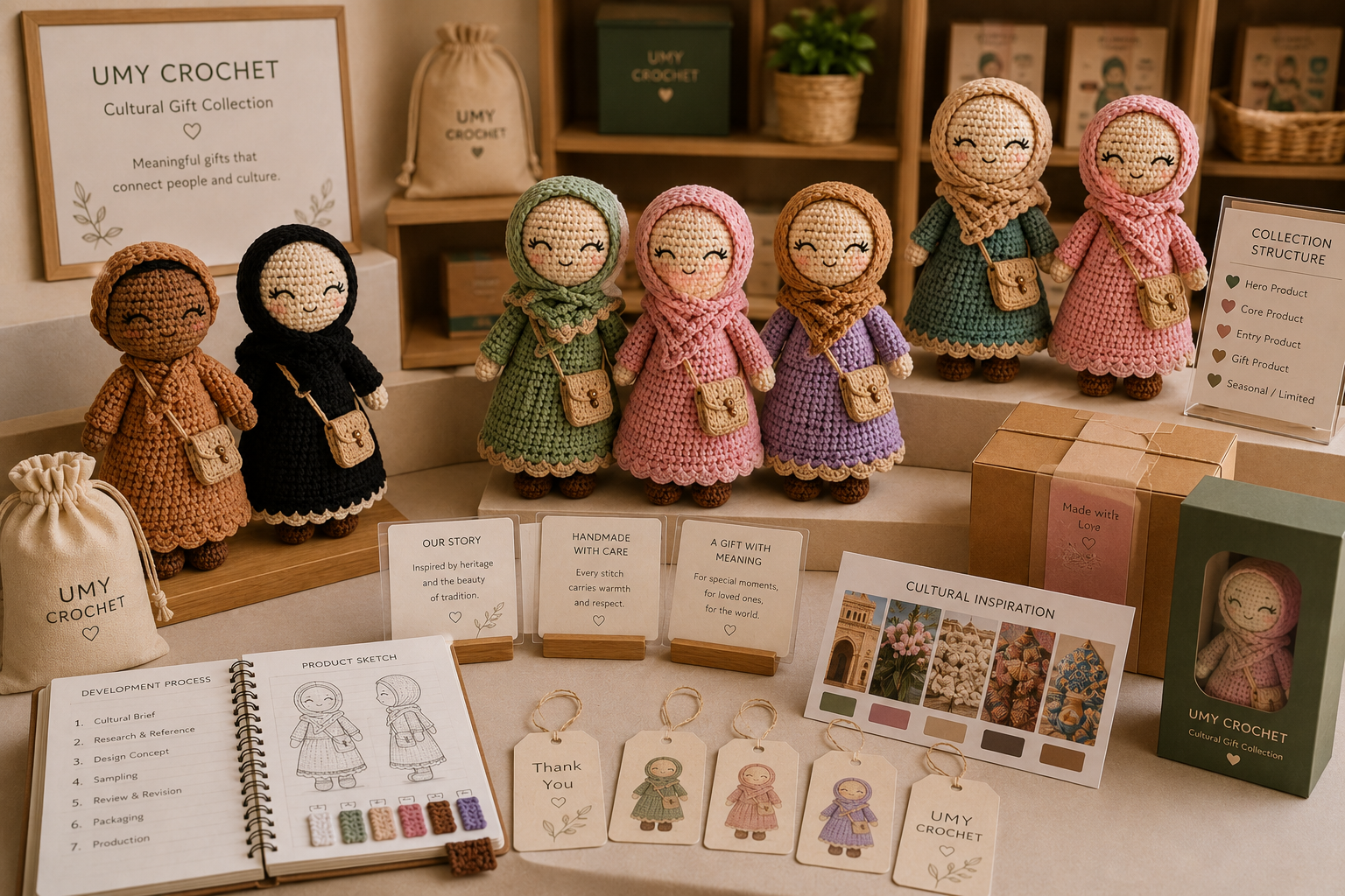 culturally relevant crochet retail collection with hero product mini gift version story cards and coordinated packaging