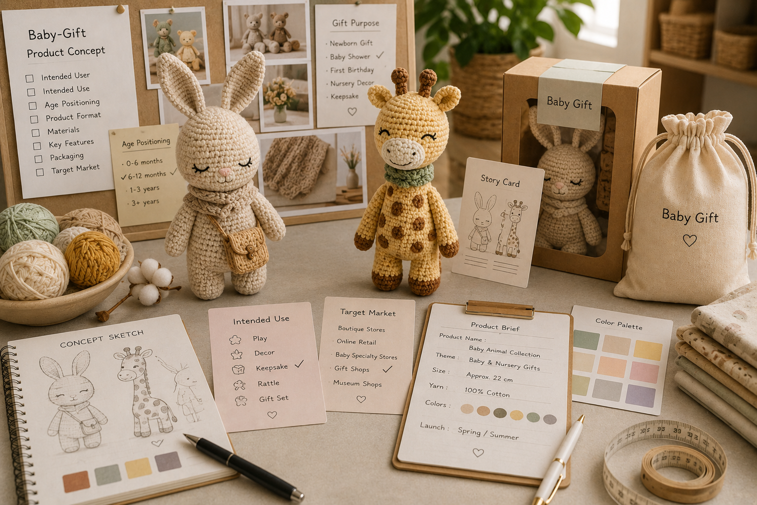 custom crochet baby gift development with animal samples product brief yarn packaging and age-use planning