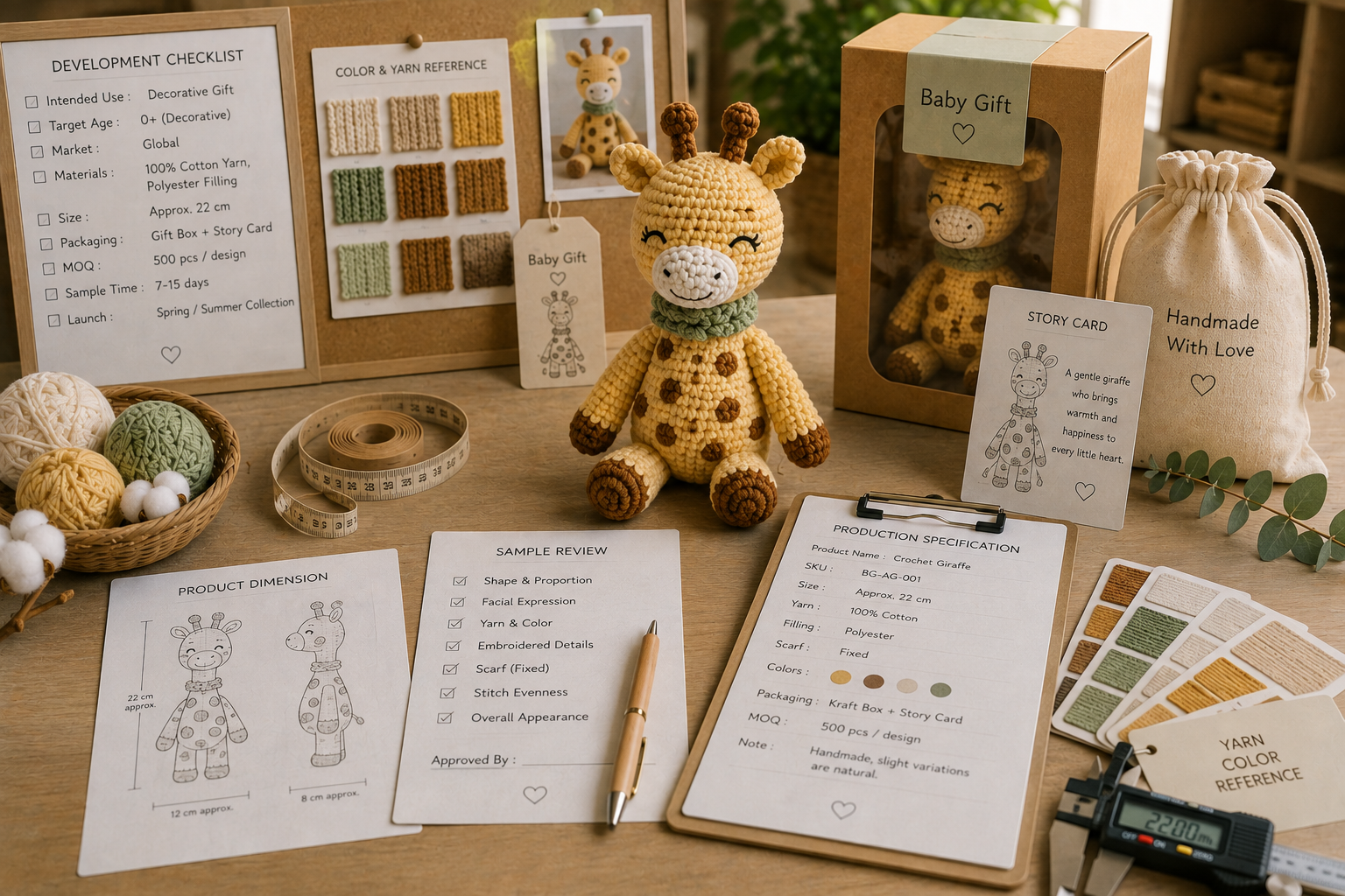 custom crochet baby gift sample review with bunny animal measurements packaging mockup QC and product specification