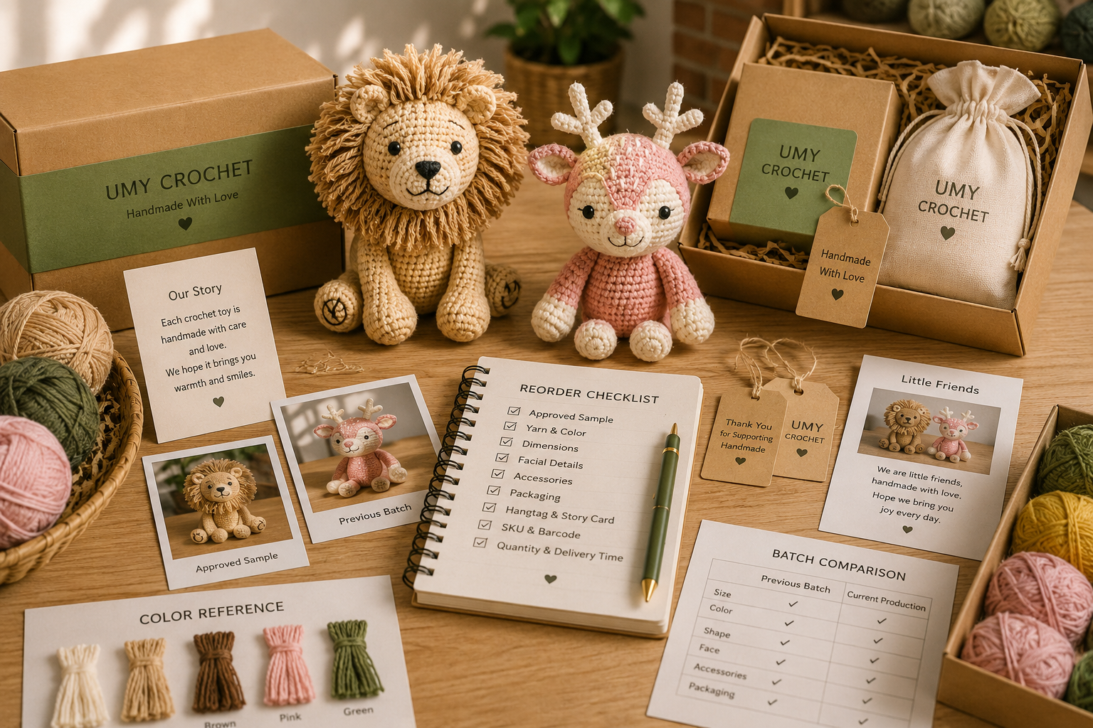 handmade crochet reorder planning with approved samples yarn references packaging and production records