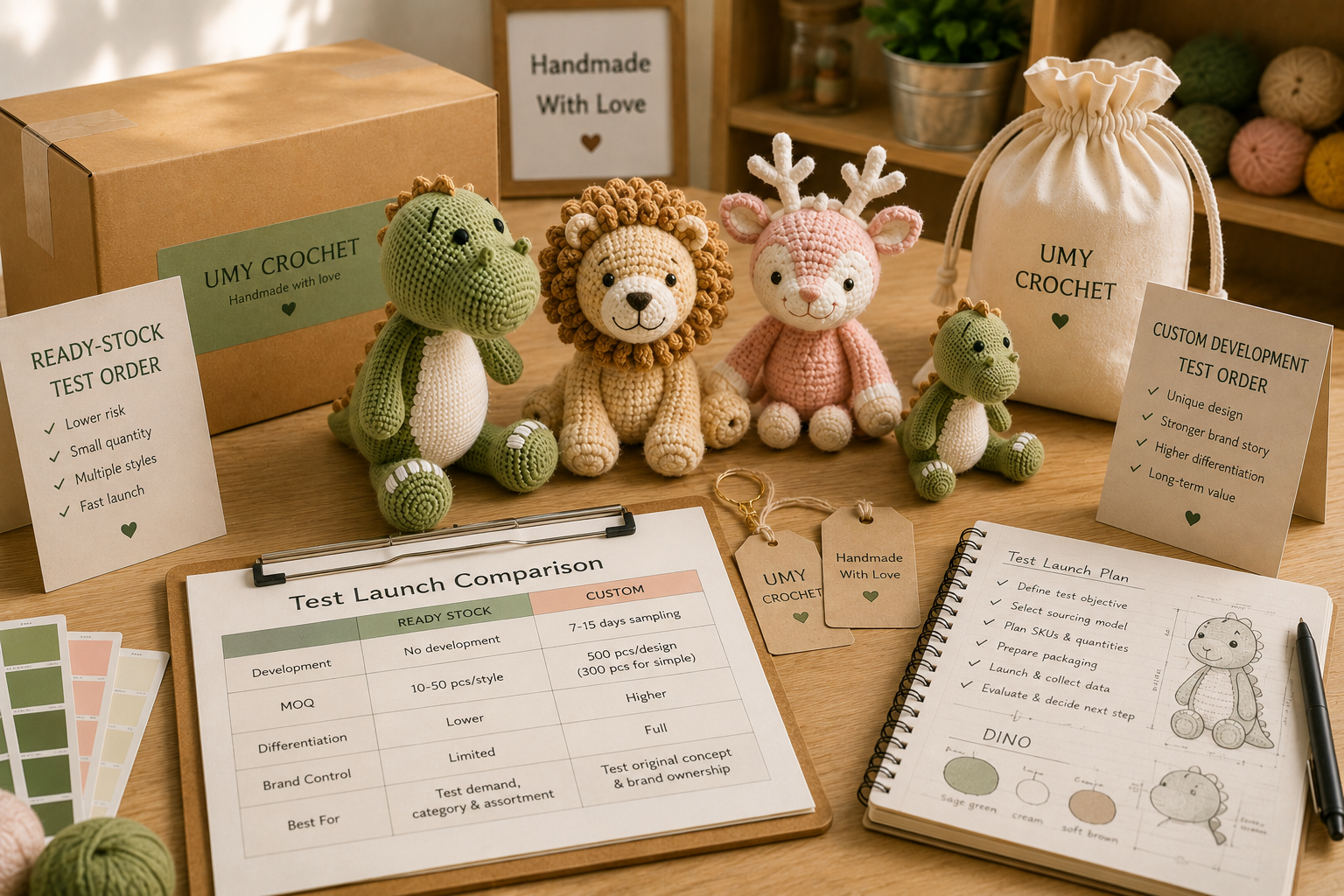 ready-stock crochet animals arranged as a small multi-SKU retail test assortment