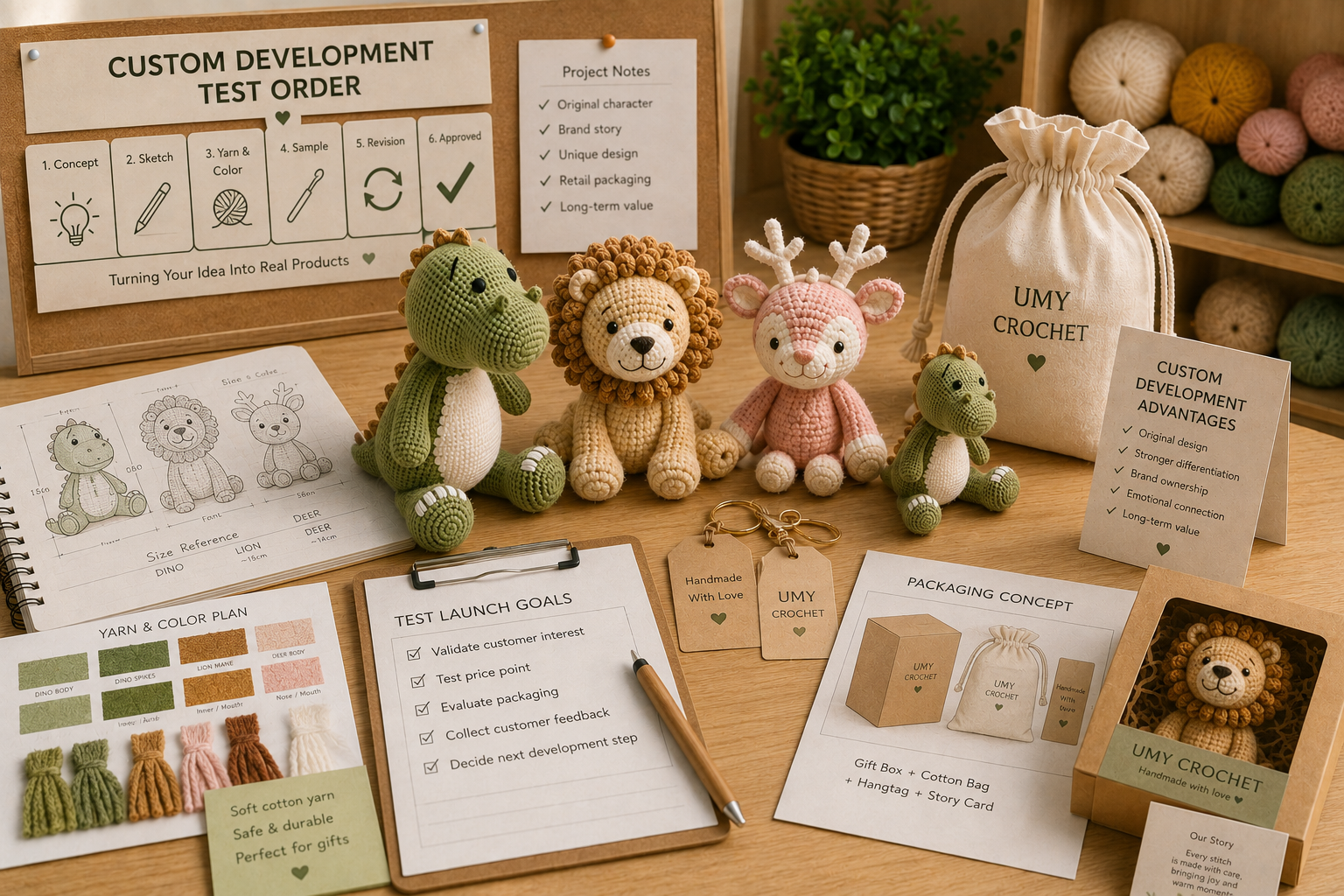 custom crochet product development table with artwork yarn sample packaging and approved reference
