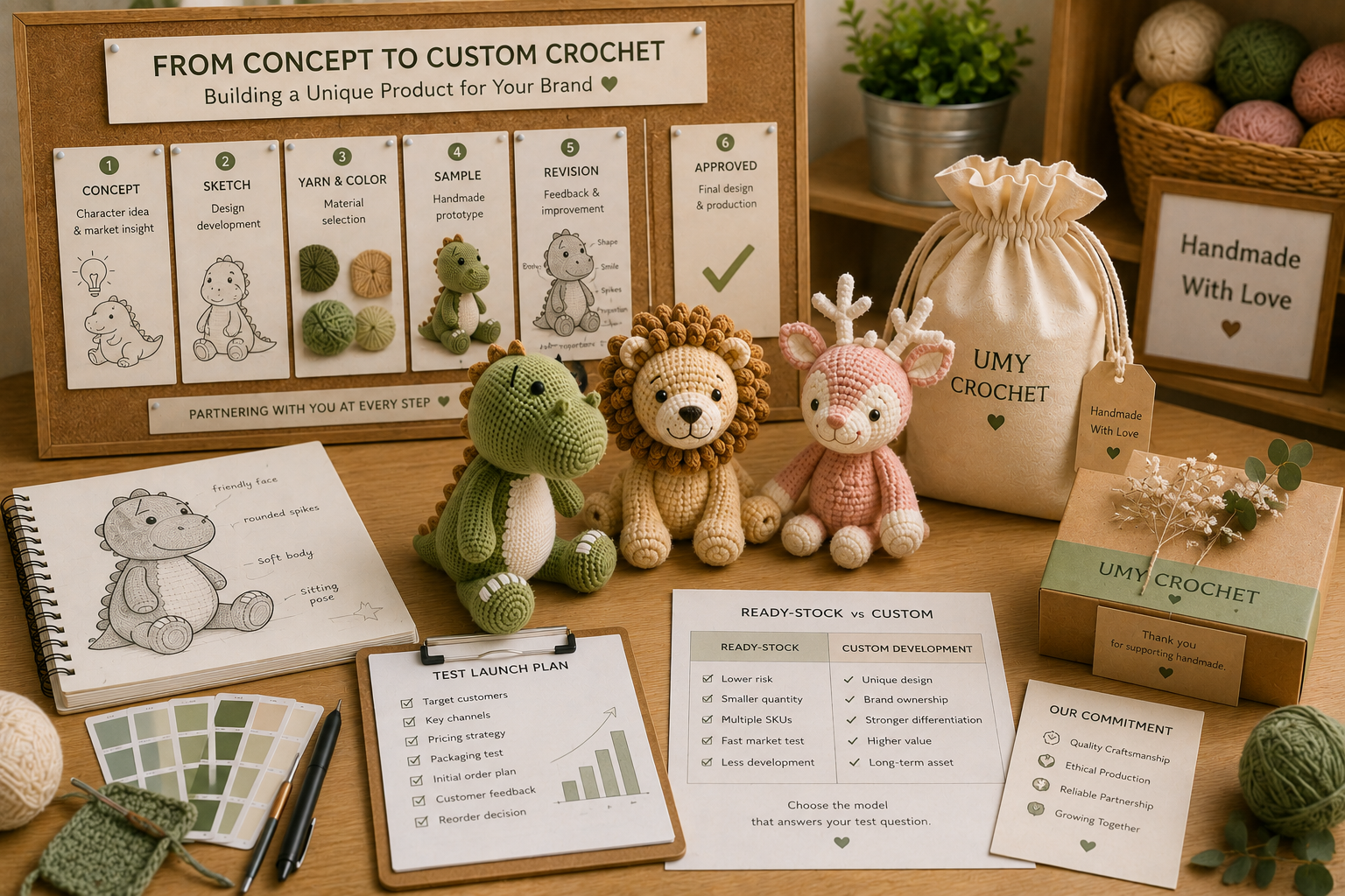buyer reviewing ready-stock test results and custom crochet development path for future reorder