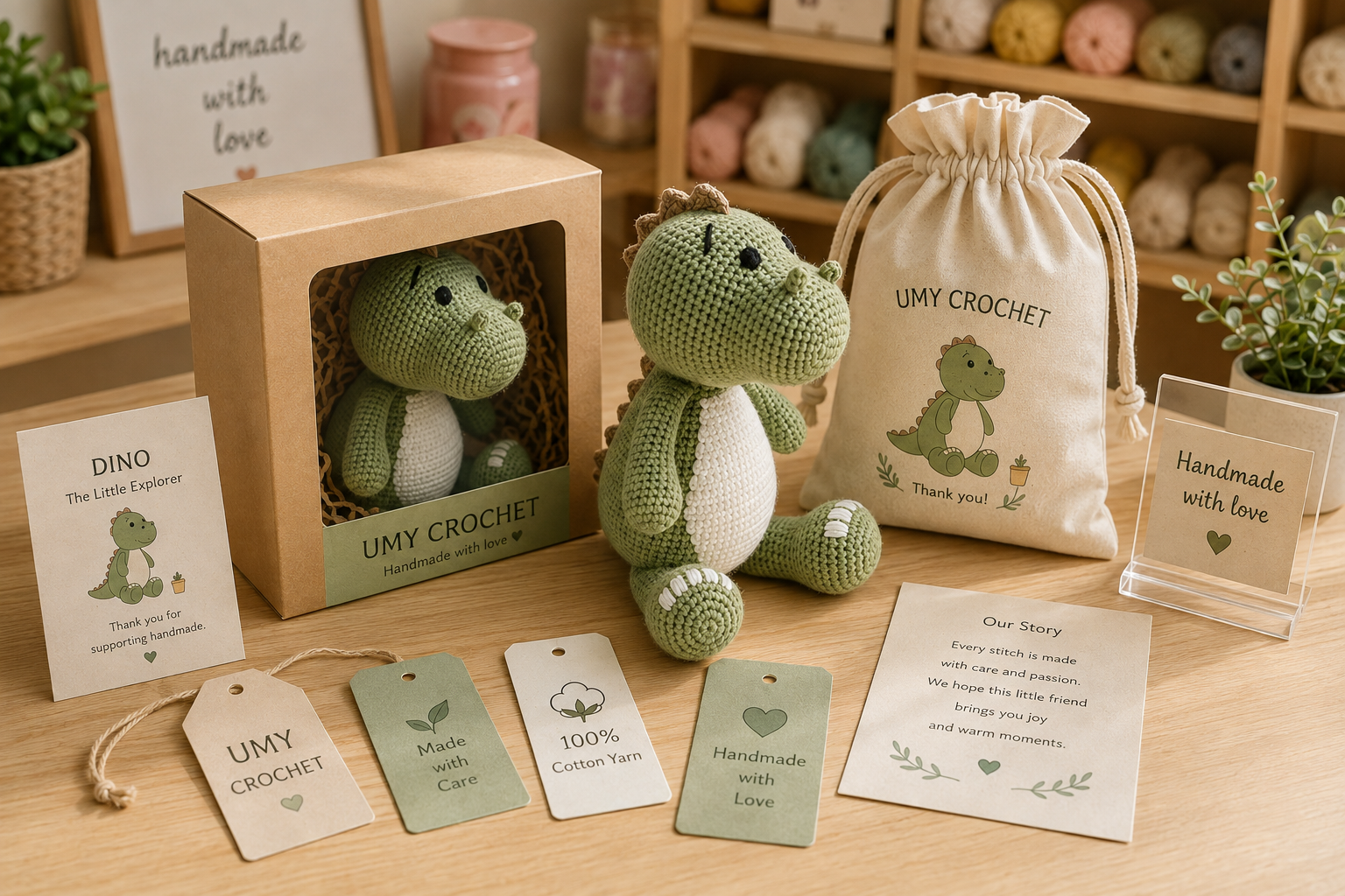 retail-ready crochet product packaging with crochet character gift box hangtag story card and pouch