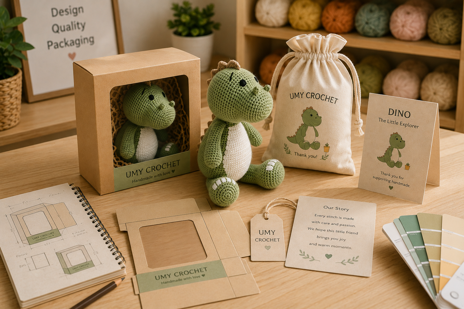 crochet packaging format comparison with hangtag backing card pouch window box and gift box prototypes