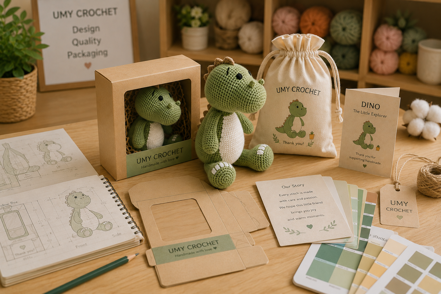 crochet product packaging prototype review with physical crochet sample box mockup story card dieline and QC reference