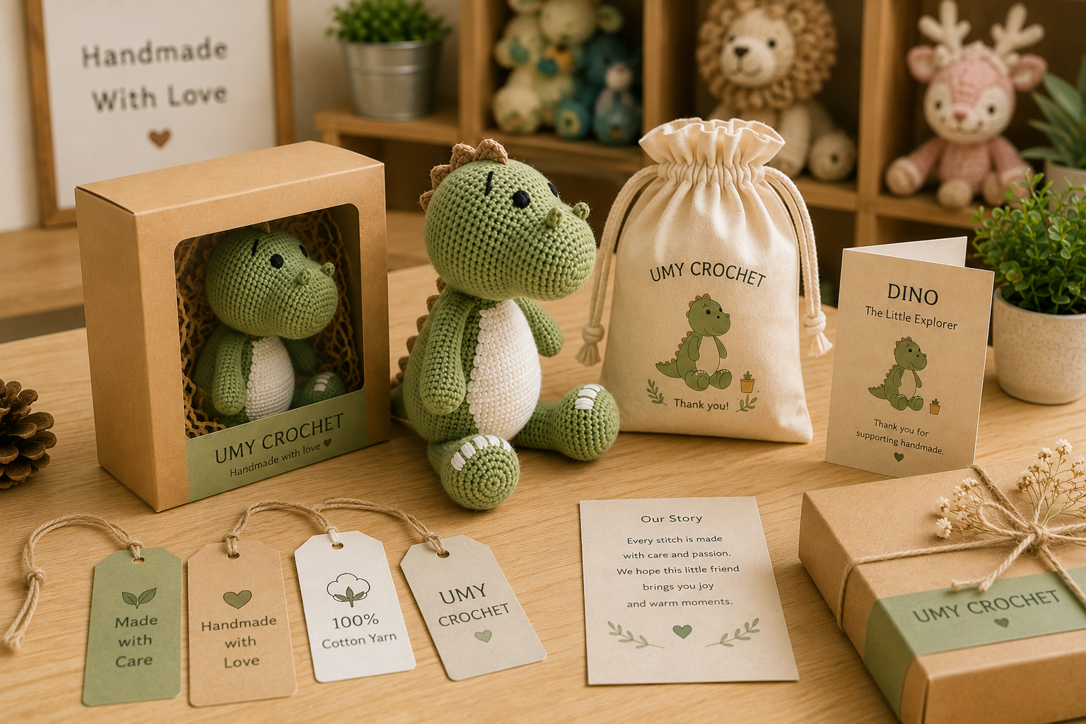 retail-ready crochet collection displayed with coordinated boxes hangtags story cards pouches and shelf-ready packaging
