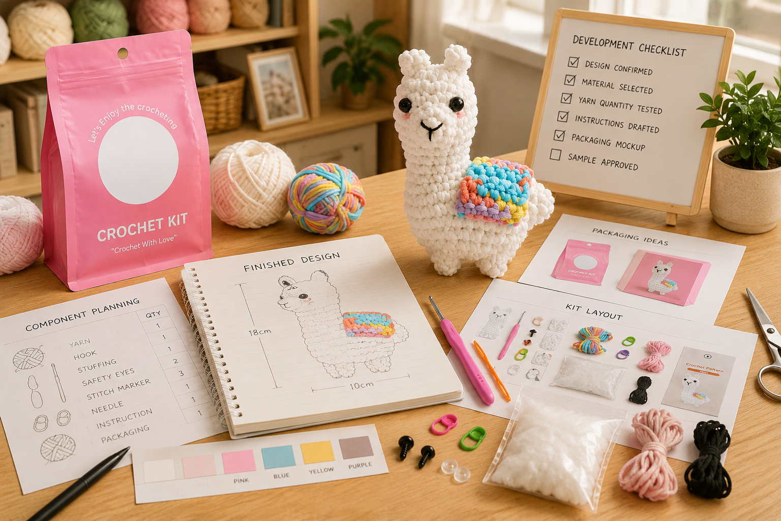 crochet kit materials development with yarn hook stuffing accessories and approved finished sample
