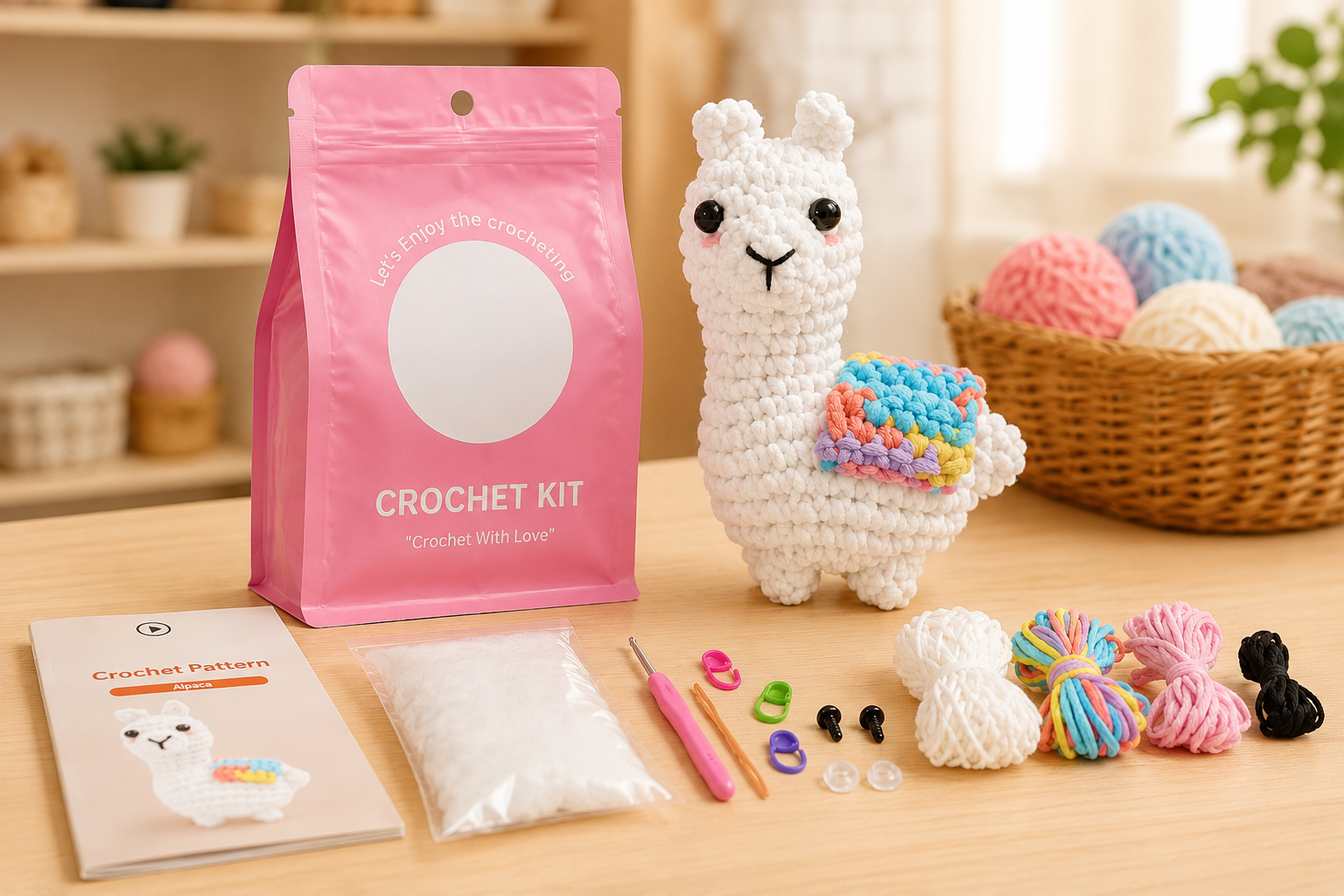 private label crochet kit with finished amigurumi yarn hook stuffing tutorial and packaging