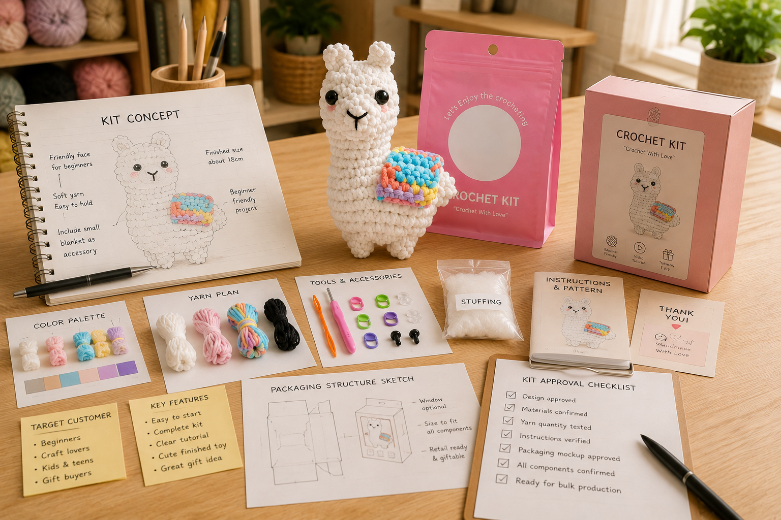 retail ready private label crochet kit collection displayed with finished products yarn and coordinated packaging