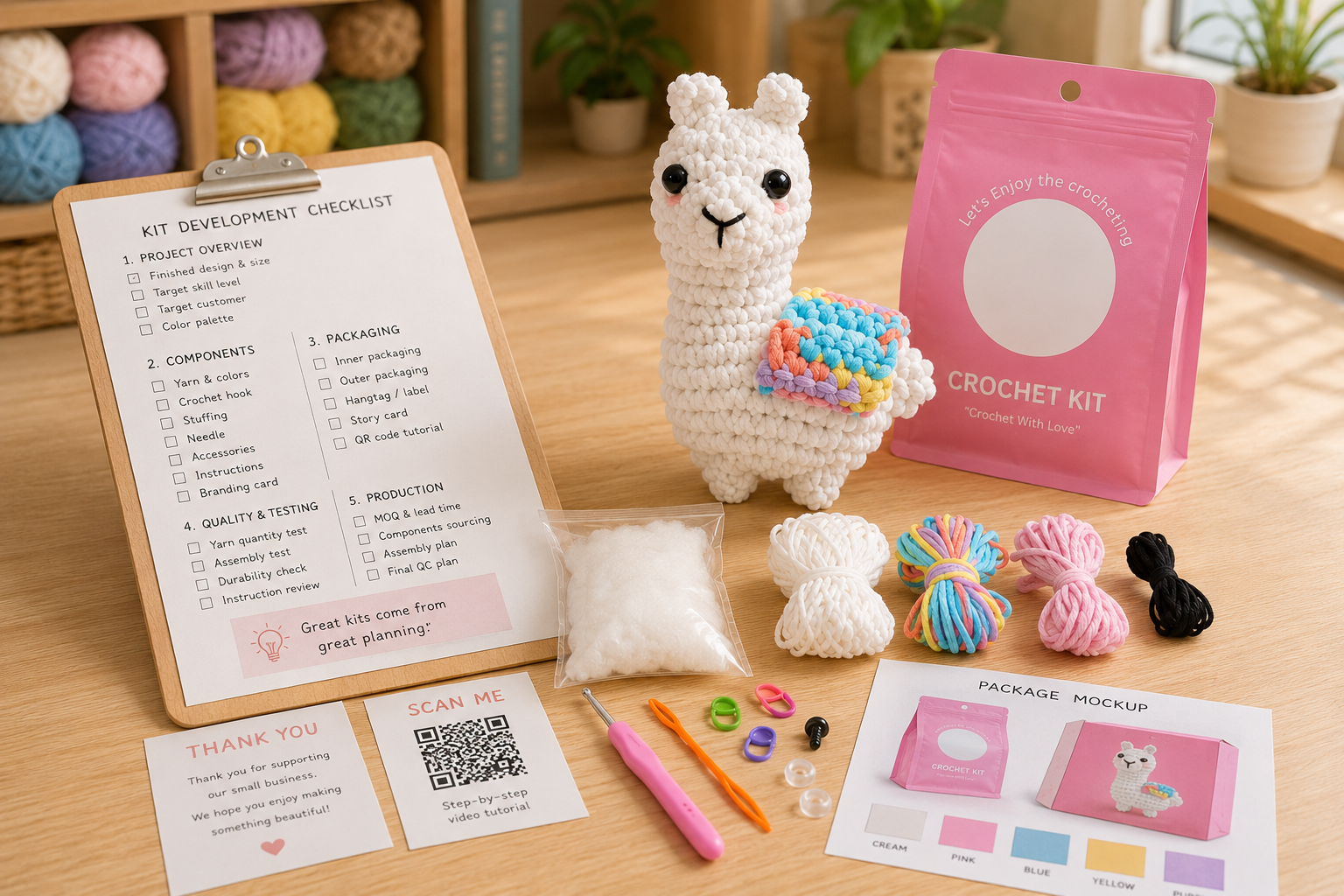 quality control review of private label crochet kit components sample yarn instructions and packaging