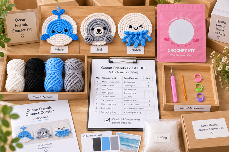 Approved crochet kit reference beside BOM and separated components