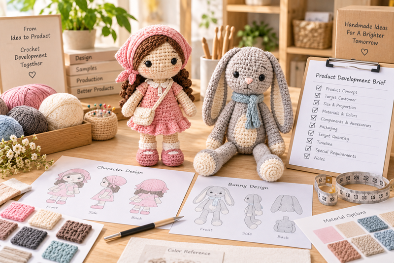 A custom crochet product development brief beside artwork, yarn references, and a physical sample