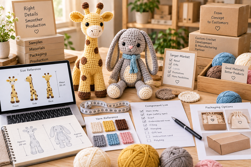 Crochet sample costing review with product, component list, yarn references, and packaging options