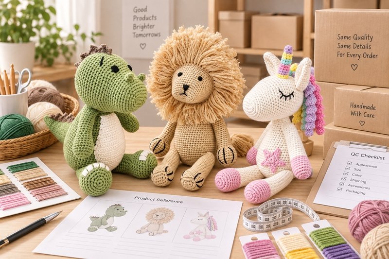 approved crochet product reference package with yarn colors sample and packaging