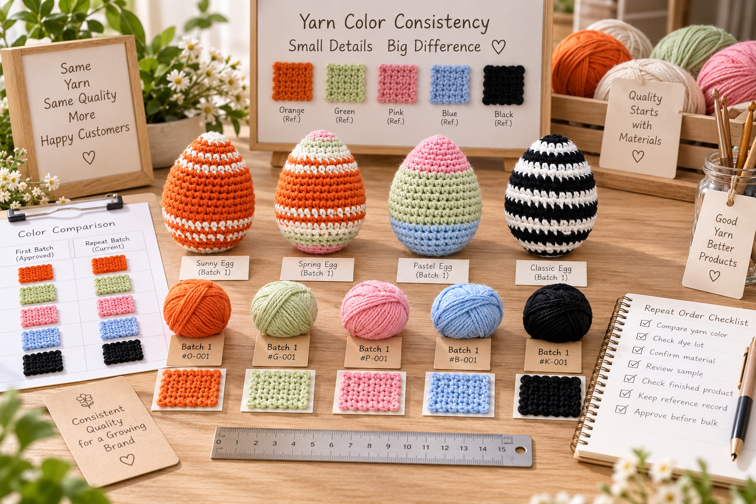crochet yarn color consistency comparison with approved product sample color references and repeat order materials
