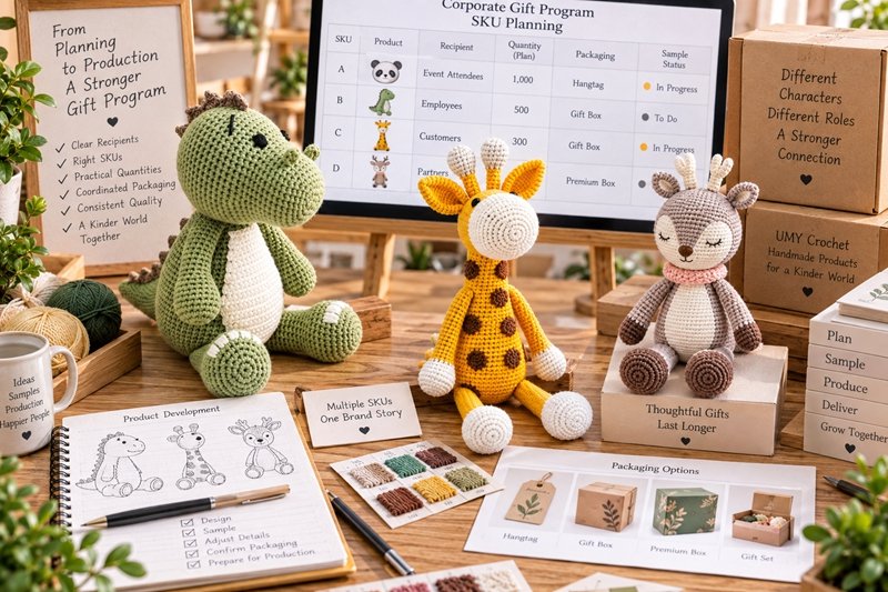 corporate crochet gift SKU matrix with recipient tiers quantities packaging samples and product roles