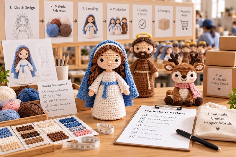 retail ready crochet product packaging inspection with hangtags story cards and gift boxes