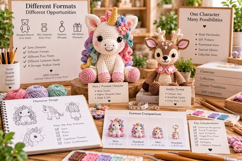 crochet brand character format comparison between standard mascot mini character and keychain