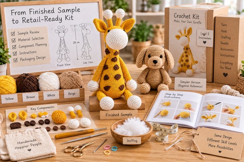 crochet kit development with finished sample yarn hook stuffing components and tutorial
