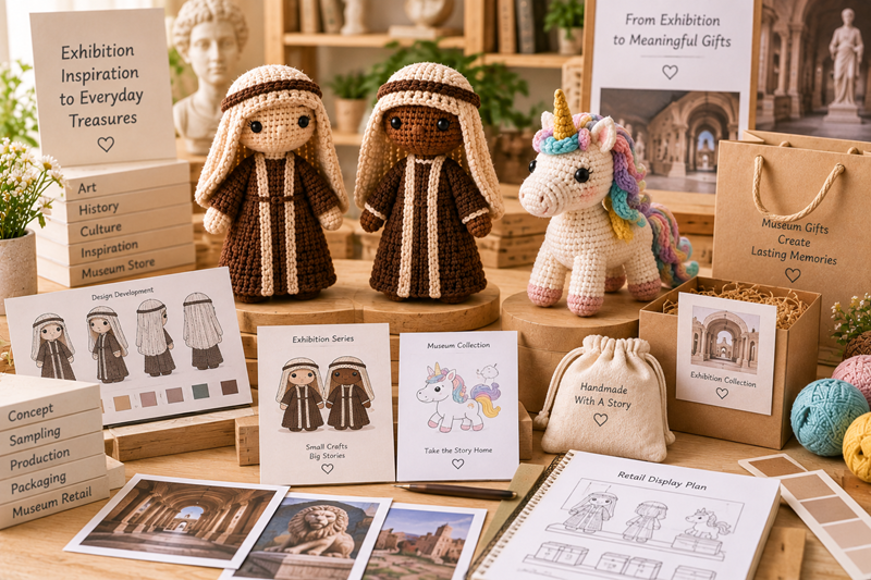 Exhibition-specific crochet merchandise review with finished products, story-card mockups, packaging samples, approved reference sheets, and a retail display plan