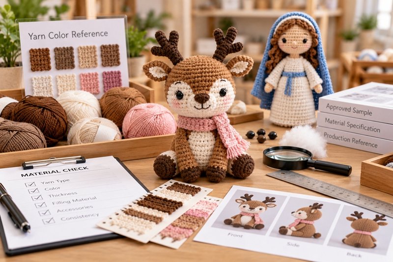 crochet quality control with yarn color references approved sample and stitch details