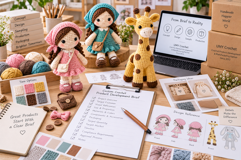 Custom crochet development brief checklist with sample, yarn, packaging, and specification documents