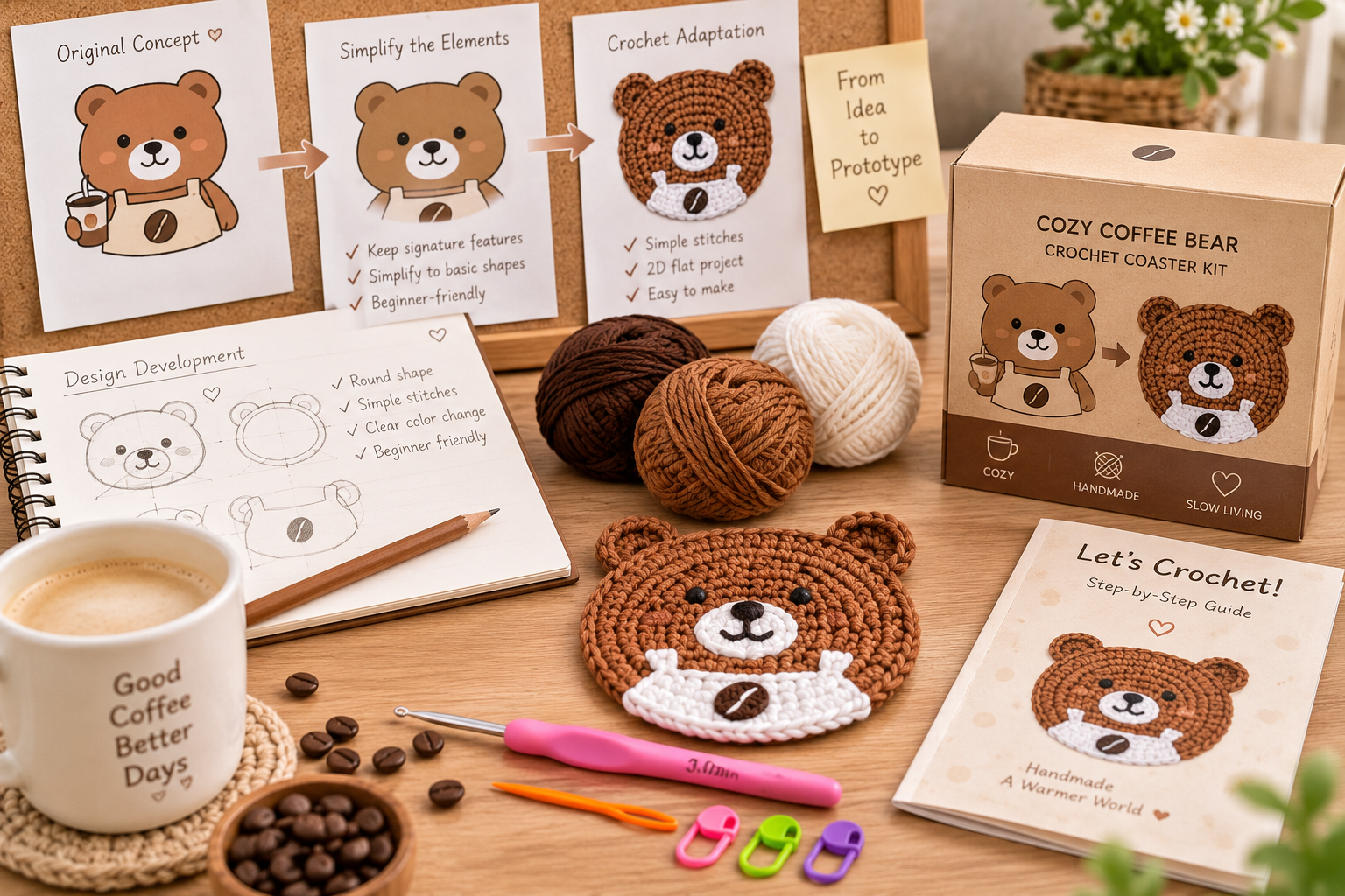 crochet kit product development with sample sketch yarn and prototype