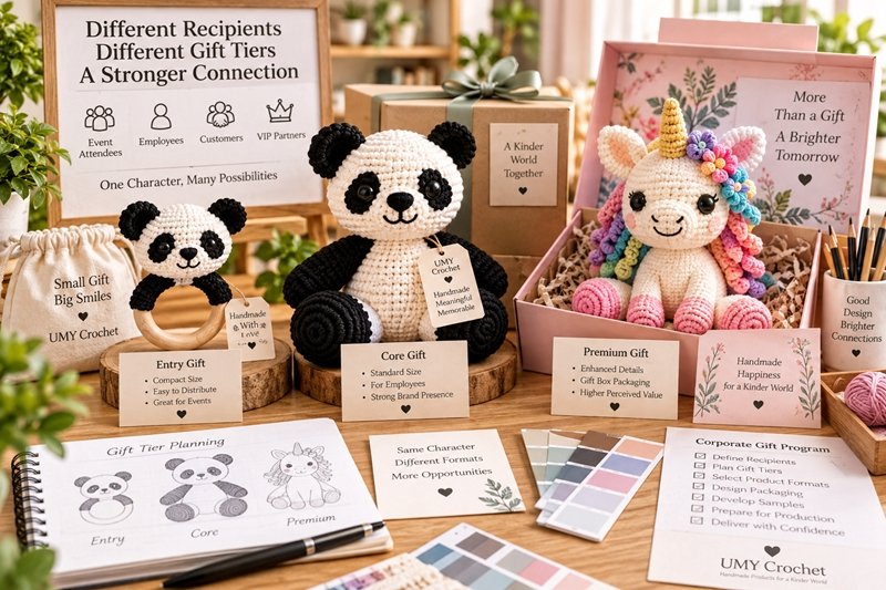 multi-SKU corporate crochet gift program with entry core premium and VIP gift tiers