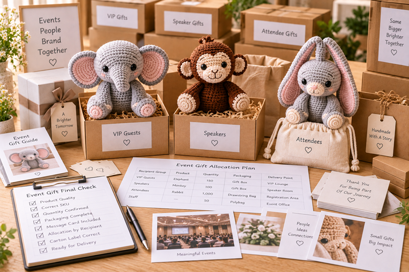 Final event crochet gift review with products, gift packaging, allocation checklist, and campaign materials