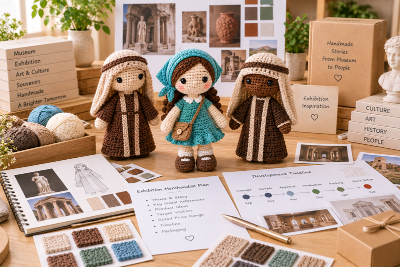 Museum exhibition merchandise planning table with crochet products, approved visual references, yarn swatches, timeline notes, and packaging samples